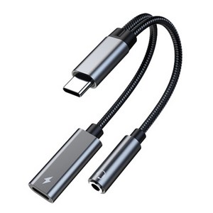 바라보고 USB C타입 이어폰 PD 60W 고속 충전 듀얼 젠더 3.5mm TA2B, 13cm, 그레이, 1개