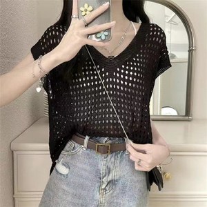 제니트 여성 루즈핏 브이넥 그물 스카시 레이어드 니트 조끼 베스트 카포그물조끼