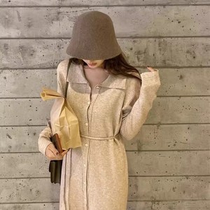 KDNC 여성 니트 헐렁한 무릎 아래 긴 스타일 원피스 브이넥 단추 스타일