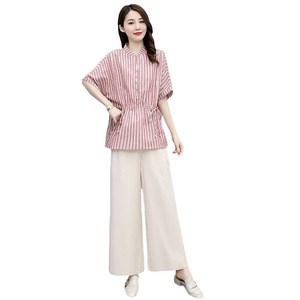 ROYALBELLE 여성 면마 혼방 상하세트 스트라이프 반팔 셔츠 상의 루즈핏 캐주얼룩 와이드 팬츠 세트 V41508