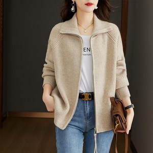 POMTOR 빅사이즈 니트 카디건 봄가을 순색 상의 여성 스웨터 스탠딩칼라 루즈핏 코트 니트