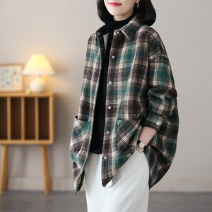 여성용 봄 데일리 긴팔 셔츠 빅사이즈 블라우스 루즈핏 체크 셔츠
