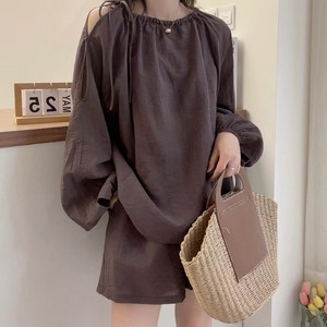 빅사이즈 (XL-5XL) 여성 벌룬 소매 블라우스 상하세트 캐주얼 긴팔티 밴딩 반바지 투피스 루즈핏