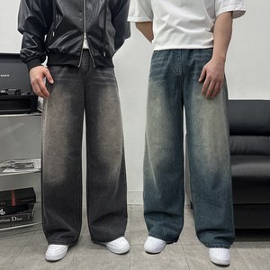 밴딩 브러쉬 워싱 와이드 데님 팬츠 샌드워싱 통청바지 통넓은 바지 2082