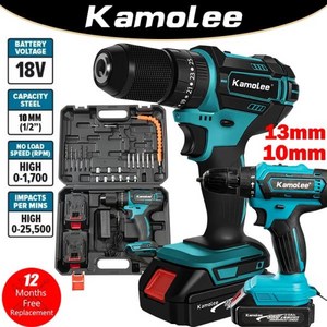 Kamolee 브러시드 무선 전기 임팩트 드릴 가정용 DIY 전동 공구 Makita 18V 배터리 10mm 13mm, 12)13mm 2x3.0Ah Toolbox - EU