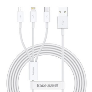 Baseus 호환 충전용케이블 멀티충전기 Baseus-3in1 USB 케이블 폰 13 12 X 11 프로 맥스 삼성 S20 샤오미 헬퍼 Mi 9 용 3.5A 마이크로 c타입 고속, [02] White, 1.5m, 1개