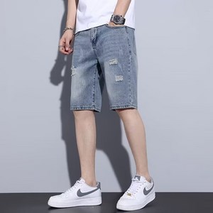 남성용 여름 루즈핏 데미지 5부 청반바지 하프 데님 팬츠 Men's shorts