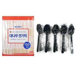 생활을그리다 대나무 젓가락 100p + 다회용 스푼 블랙 50p, 1세트