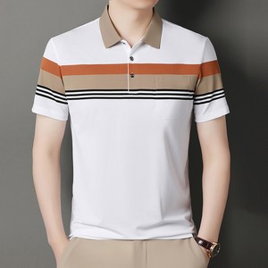 AOKADA 중년 남성 아이스 냉감 배색 반팔 카라 티셔츠 스트라이프 남자 여름 반팔티 포켓