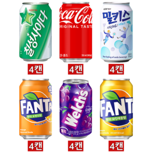 [한번에먹자] 340ml~355ml 탄산음료세트 6종 24입 ( 칠성사이다 + 코카콜라 + 밀키스 + 환타 오렌지 + 웰치스 포도 + 환타 파인애플 ) 업소용캔음료 식자재 PC방, 24개, 340ml