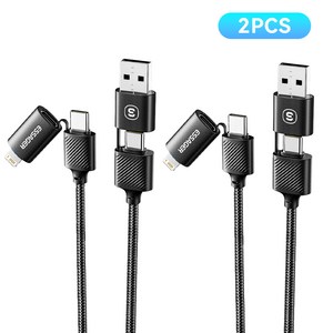 Essager 4 in1 멀티 65W PD고속 충전 케이블 iphone 16 고속충전 지원, 2개, 블랙, 1m