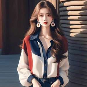 여 루즈핏 배색 날씬 카라넥 가오리소매 블라우스