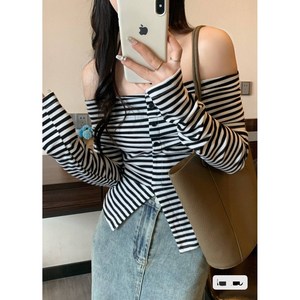 미라비타 단가라 오프숄더 버튼 긴팔 스트라이프 니트 티셔츠