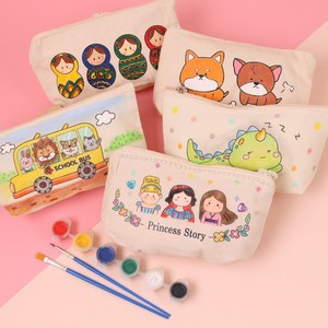 [아이디몬]감성 파우치 세트 12종 물감포함 diy 광목 컬러링 꾸미기 캔버스천 도안 봉제 에코 필통, 1개, 강아지
