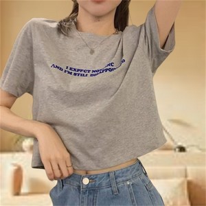 묘먀미 여성용 심플 레터링 라운드넥 크롭 반팔티 MMM308