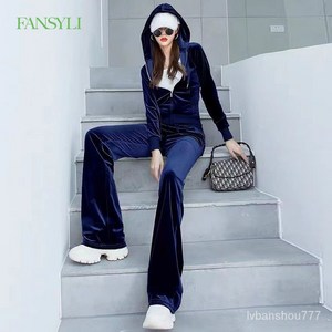 FANSYLI 여성 금 벨벳 패션 트레이닝 세트 긴팔 후드집업 나팔바지 투피스 X6M28