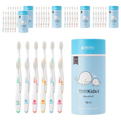왕타 아쿠아월드 2호 어린이 칫솔, 코랄,노랑,파랑,초록, 12개입, 6세트