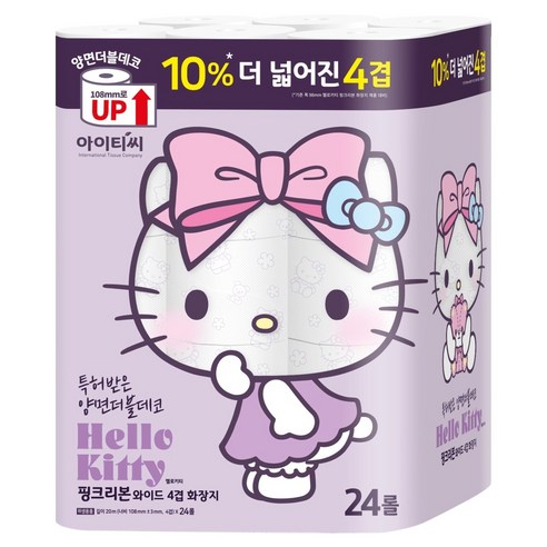 ITC 헬로키티 더 넓은 핑크리본 와이드 4겹 천연펄프 양면더블데코 화장지, 1개, 24롤, 20m