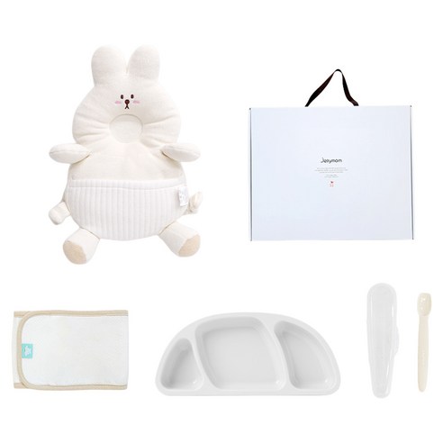 젤리맘 신생아 출산선물 아기머리보호대 + 실리콘 아기식판 + 이유식스푼 + 오가닉 스트랩 세트, 토끼 크림(보호대), 화이트(식판), 크림베이지(스푼), 1세트