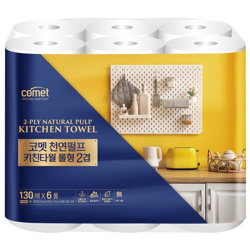 100% 천연펄프 소재의 2겹 키친타월. 흡수력이 뛰어나 주방 기름때·물기 제거에 탁월하고 뜯기 편한 롤형으로 낭비 없이 사용 가능. 이사 후 주방 청소와 일상 요리에 필수 소모품. - 1