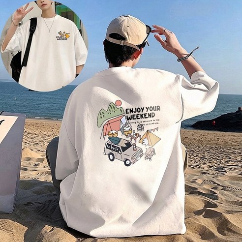 FONOW 반팔면티 순면 100% 남성 루즈핏 반팔티셔츠 빅사이즈 패션 여성티셔츠  편안한 통기 여름 라운지웨어 라운드티셔츠 야외 캠핑 프린팅 디자인 빅사이즈여성쇼핑몰