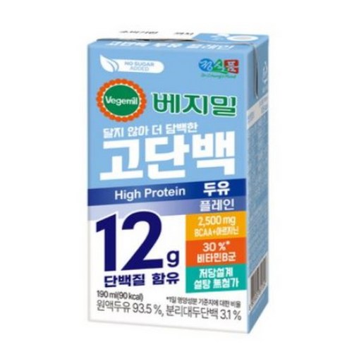 베지밀 고단백 두유 플레인 설탕무첨가 저당두유 (신제품 플레인), 72개, 190ml