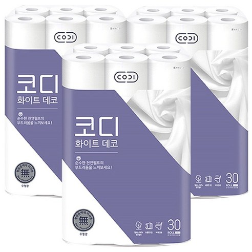 코디 화이트데코 화장지 3겹 30롤 x 3팩 총90롤 롤휴지 두루마리휴지 천연펄프 무형광, 25m, 30개입, 3개