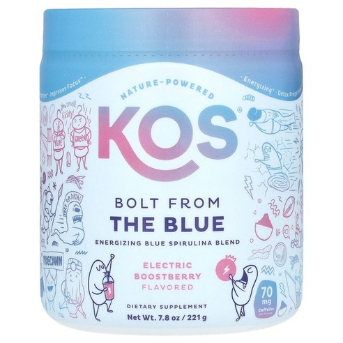 KOS, bolt From The Blue, 에너자이징 블루 스피룰리나 혼합물, 일렉트릭 부스트베리, 221g(7.8oz) KOS (코스)