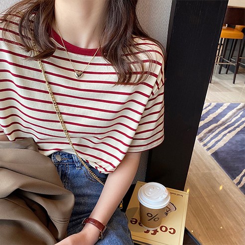 데일로엔 여성 라운드넥 줄무늬 반팔티셔츠
