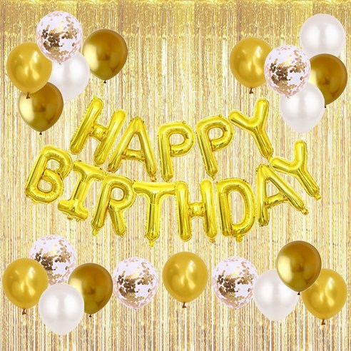 HBD 은박풍선 크롬메탈 혼합풍선세트 파티커튼 생일파티세트 [에브리띵스마일] 1221, 1세트, 골드 풍선 커튼