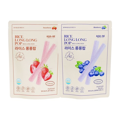 아가애 라이스롱롱팝 유기농 롱떡뻥 아이 간식 쌀과자 [원산지:국산], 40g, 1세트, 딸기1개+블루베리1개