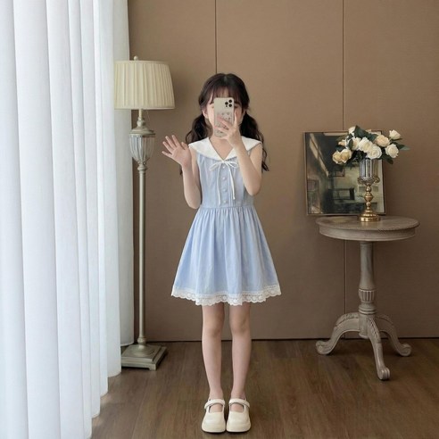Toruva어린이 귀여운 카라 반팔 드레스 레이스 장식 원피스14세 이상