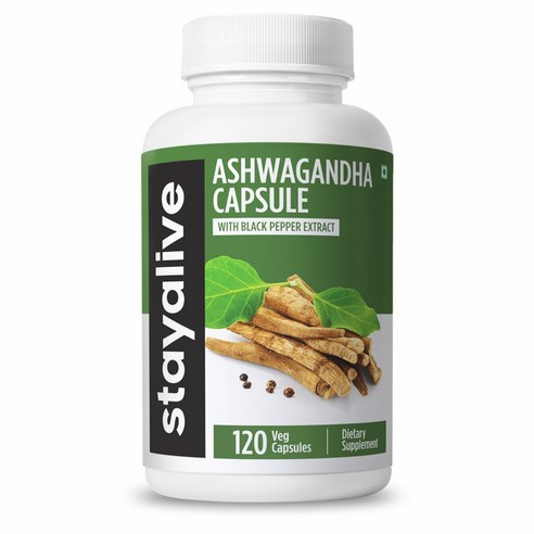 StayAlive 흑후추를 넣은 아슈와간다 캡슐- 9000mg 상당량, 120개의 베지 캡, 스트레스 완화 및 활력 지원, GMO 비함유 및 글루텐 프리