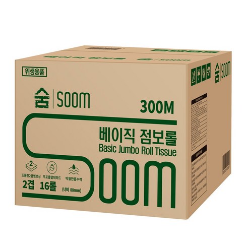 사무실 비치 보관 공간 휴지 가격 비교 숨 베이직 점보롤 2겹 300M 대용량 공공장소 휴게소 업소용 빌딩관리 화장지 휴지 두루마리, 1개, 16롤, 300m