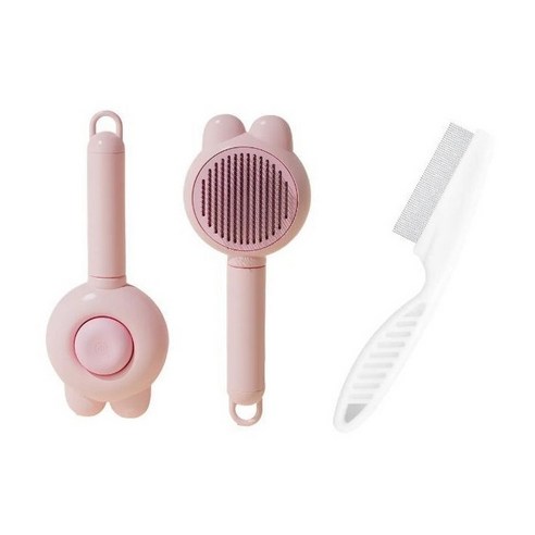 자극없는 고양이 강아지 원터치 브러쉬 눈꼽 빗 세트, 1개, 핑크
