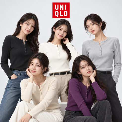 유니클로 립 헨리넥 여성 긴팔 티셔츠 (일본매장판)