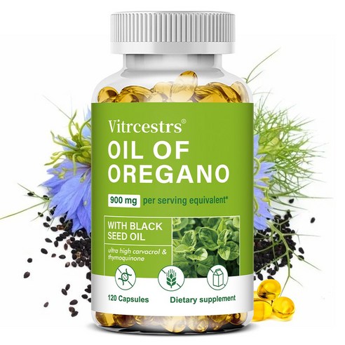 오레가노 소프트캡슐 900mg, 블랙씨오일 50mg, non-GMO 식물성 카바크롤과 티몰 함유, 1개, 60정