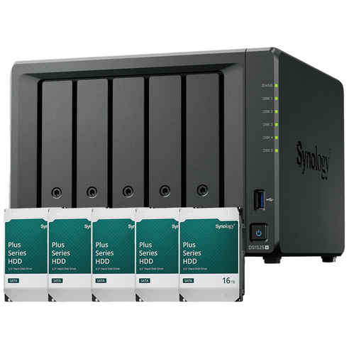 시놀로지 NAS DS1525+ 5베이 2.5GbE 대용량 공유서버 초기설치지원, 80TB (16TB x 5)