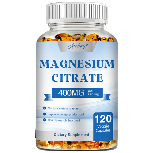 마그네슘 시트레이트 400mg - 필수 식물성 미네랄, 근육, 뼈 및 심장 건강 증진, 면역 강화, 고흡수성, 고생체이용률, 120캡슐, 60정, 1개