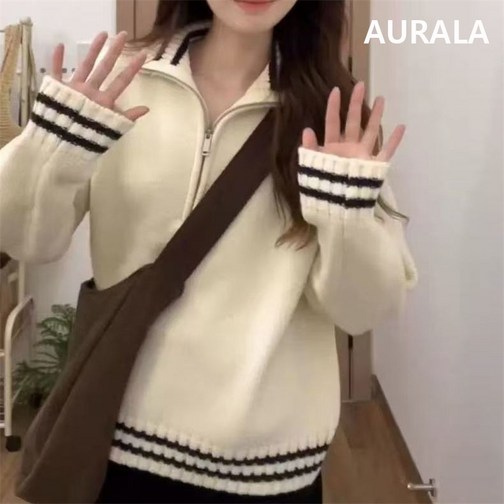 AURALA 여성 하프 집업 터틀넥 긴팔 니트 루즈핏 베이직 니트 티셔츠