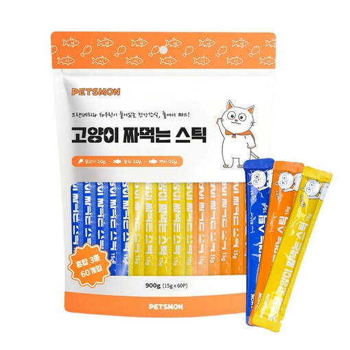 펫츠몬 짜먹는 스틱 대용량 고양이 간식, 혼합맛닭고기참치연어, 15g, 60개