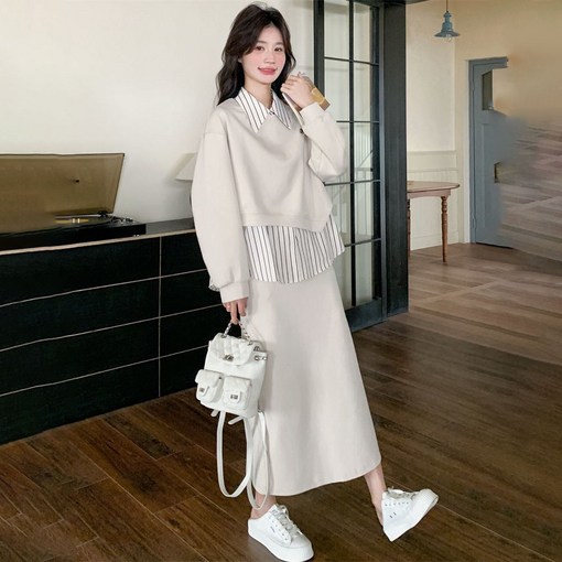 웨일쓰 여성 카라넥 가을 오버핏 레이어드 후드셔츠원피스 투피스 여성 빅사이즈 트렌드 치마세트