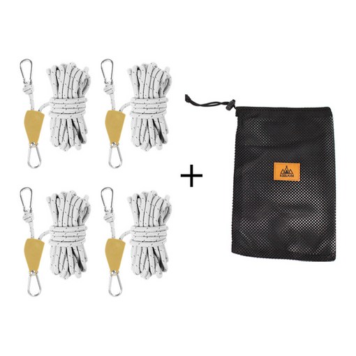 KOOLMAN쿨맨 다용도 이지스토퍼 로프라쳇 타프 스트링 4개  메쉬파우치 세트, 라쳇스트링 6mm×5M L  화이트 4개메쉬 C