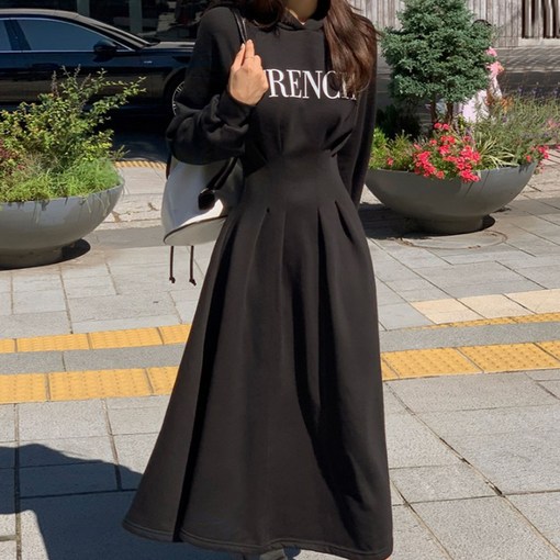 떳다그녀 콤비 다트 후드 롱 원피스