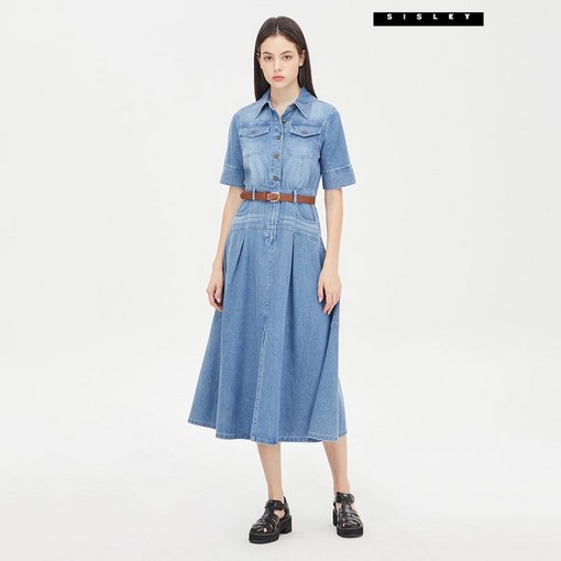 시슬리 임지연 착용 허리 밴딩 데님 셔츠형 원피스 SAOPC6531
