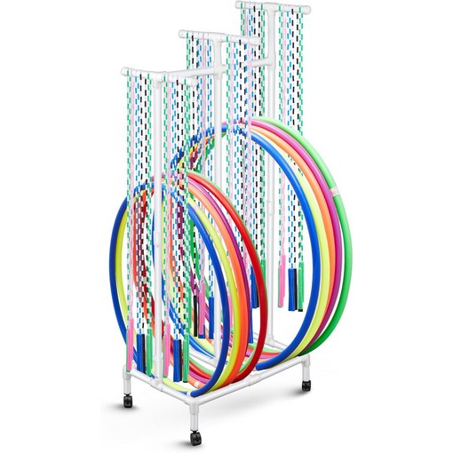 바퀴가 움직이는 후프와 로프 홀더가 있는 두라아모 PVC 후프 카트 플라스틱 줄넘기 랙 실내외 스포츠 초등학교 장비 보관용 PE 스탠드 28 x 18 69 인치