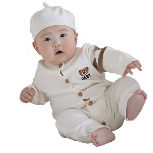 하방방 아기 곰돌이 베이비니트 외출 가디건 우주복