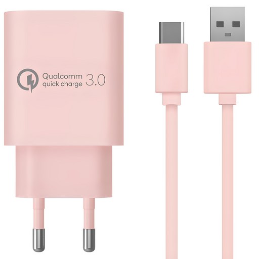 홈플래닛 퀄컴 공식인증 QC 3.0 18W 고속충전기 + C타입 케이블 1.2m 세트, 핑크, 1개
