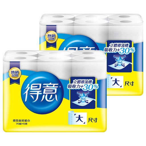 得意 捲筒式廚房紙巾 70張, 6捲, 2袋