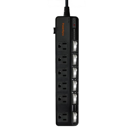 PowerSync 群加 6開6插斜面開關防雷擊抗搖擺延長線 3孔 TPS366BN0018, 1.8m, 黑色, 1個
